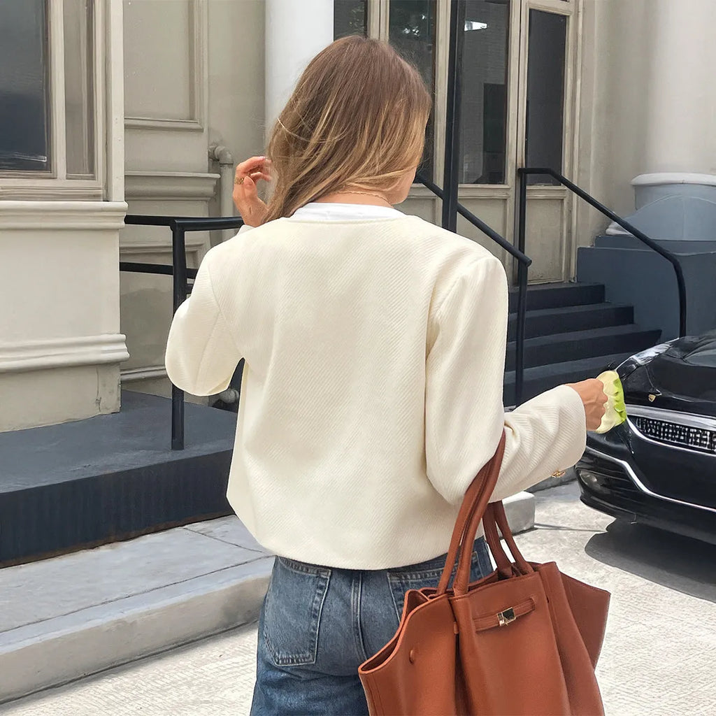 Women's apricot solid colour long sleeve cardigan shirt jacket in polyester, sizes S M L XL