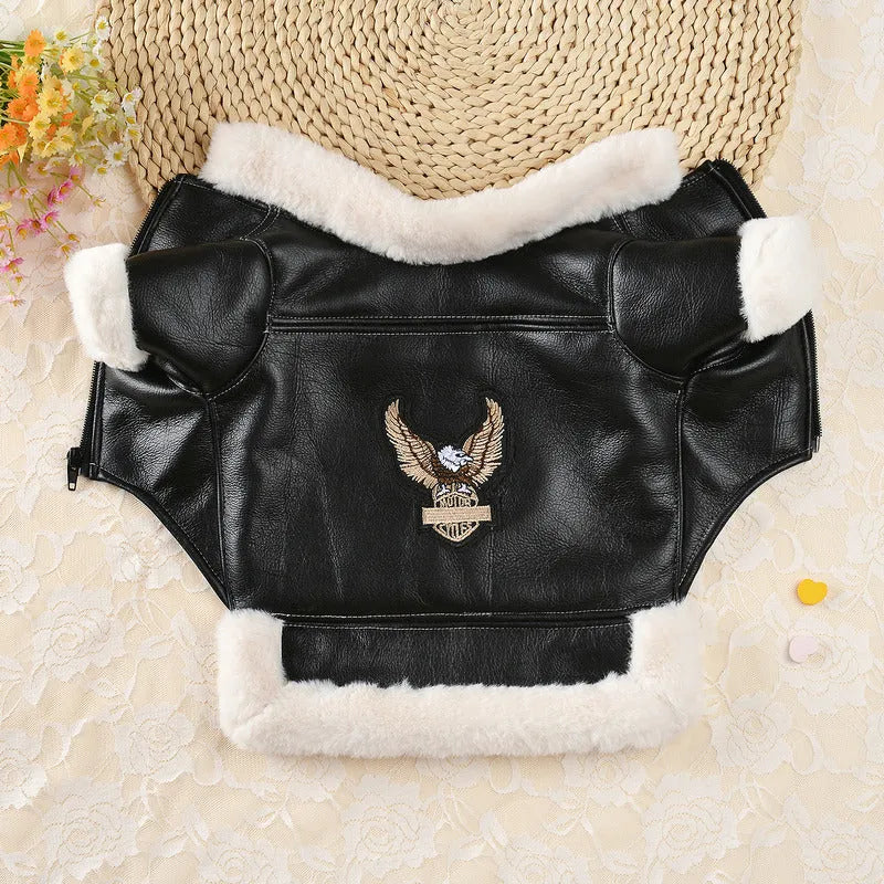 Black leather dog jacket winter coat biker-style vest on canine