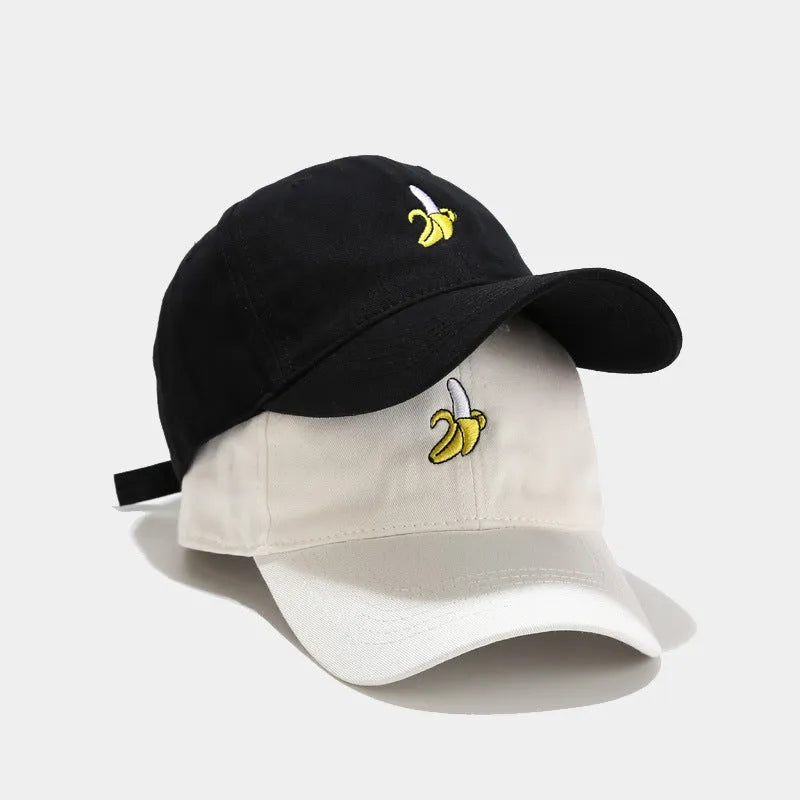 Soft top curved baseball cap with fruit banana embroidery in adjustable polyester construction
