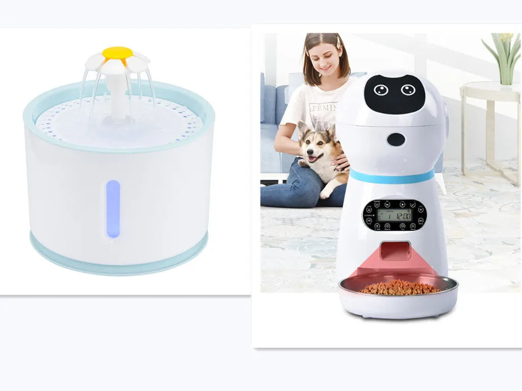White automatic pet feeder with removable grain barrel, metal food tray, and 4-meal daily scheduling for 5mm-12mm dry food.
