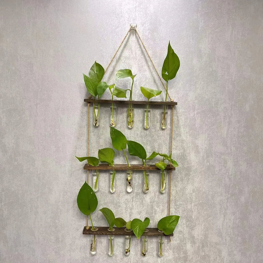 Three-layer 15-tube hydroponic wall hanging vase in retro colour with borosilicate glass and wooden frame