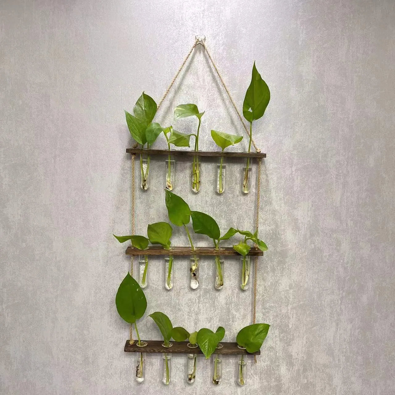 Three-layer 15-tube hydroponic wall hanging vase in retro colour with borosilicate glass and wooden frame