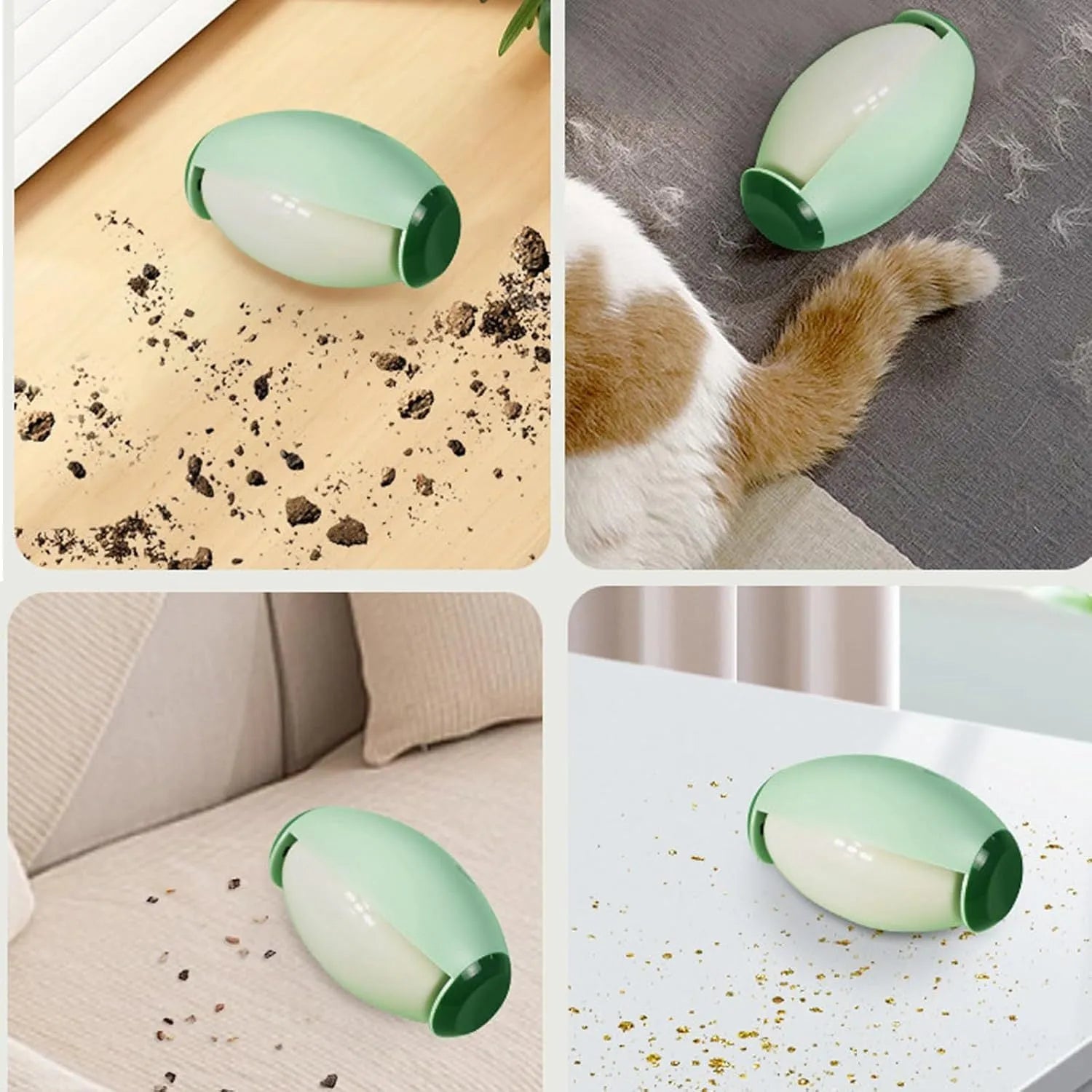 Green and white reusable gel lint roller balls for pet hair removal on fabric