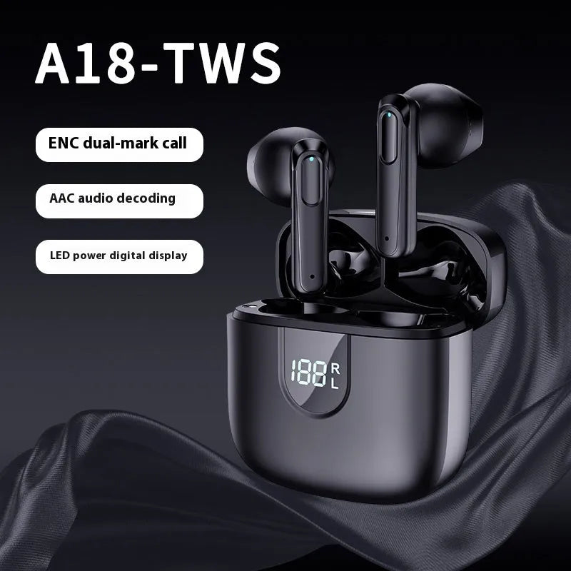 A18 wireless Bluetooth headset in-ear noise reduction with digital display, 10m range, PC ABS body, black or white