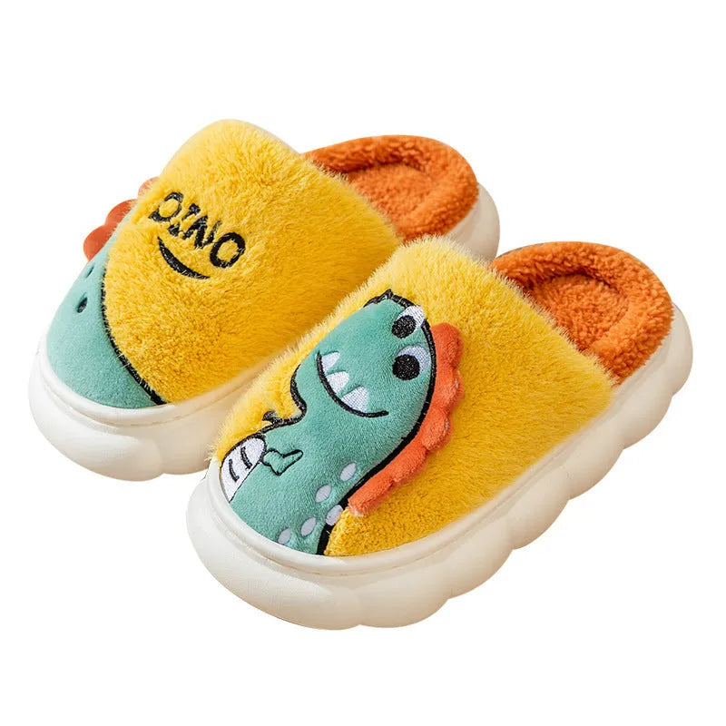 A pair of plush cotton couple slippers in a dinosaur colour, showing the soft upper and design.