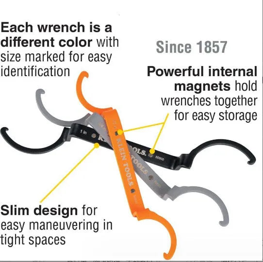Orange, grey, and black magnetic crescent wrenches with catheter locking, shown together as a three-piece set.