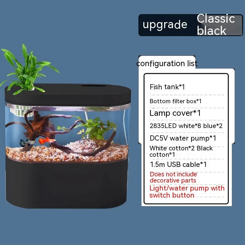 Desktop self-circulation mini aquarium with LED light and USB pump in black plastic