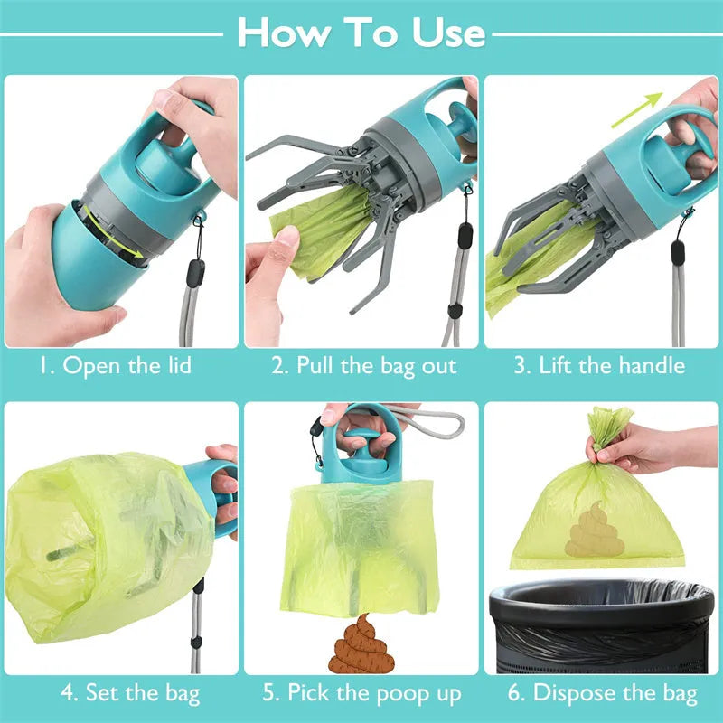 Blue plastic portable dog pooper scooper with built-in bag dispenser and carrying lanyard.