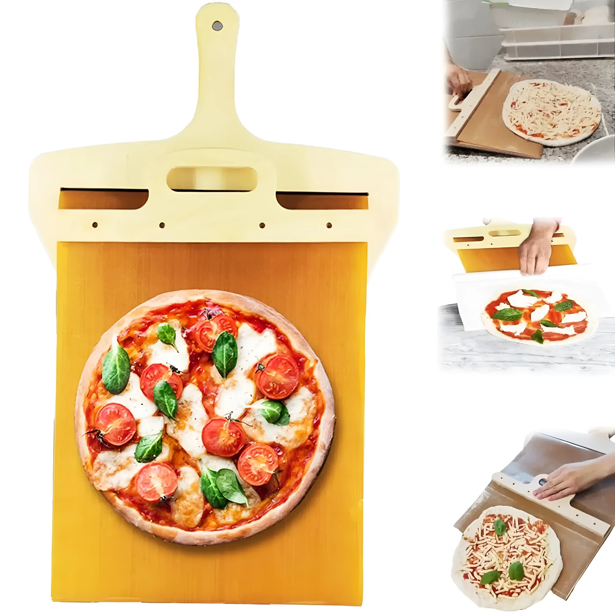 Wooden pizza shovel with cutting board surface and hanging hole at handle