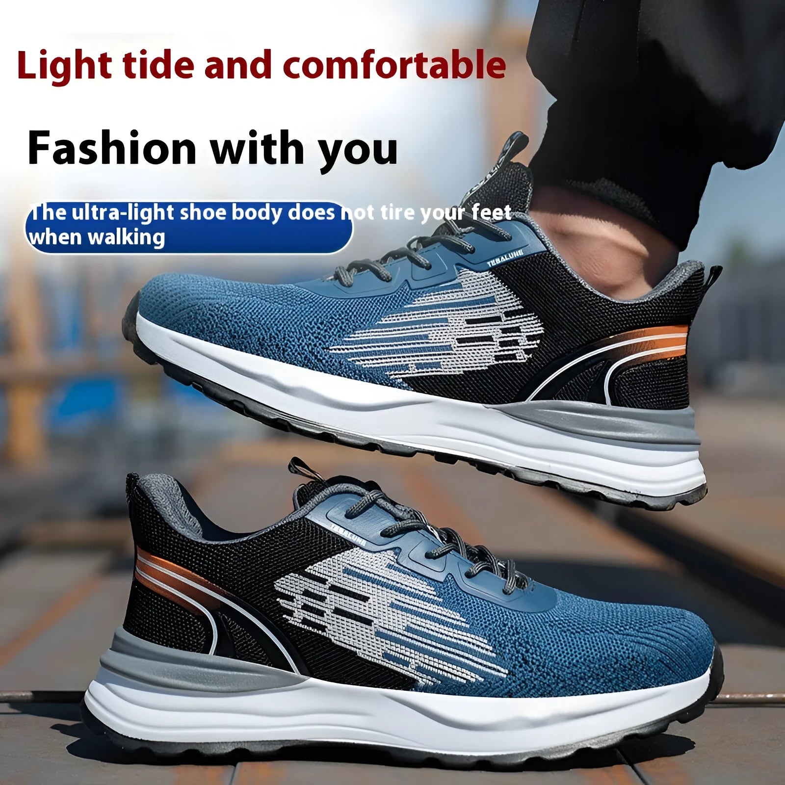 Blue men's safety work shoes with mesh upper, plastic toe cap, and lace fastening.