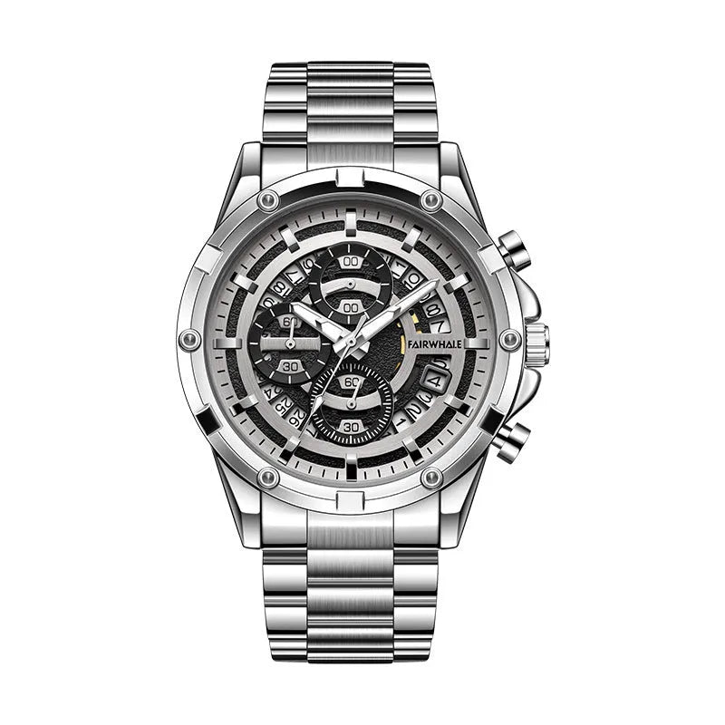 Men's waterproof quartz watch with luminous markers on a steel bracelet, showing black case with blue dial option.
