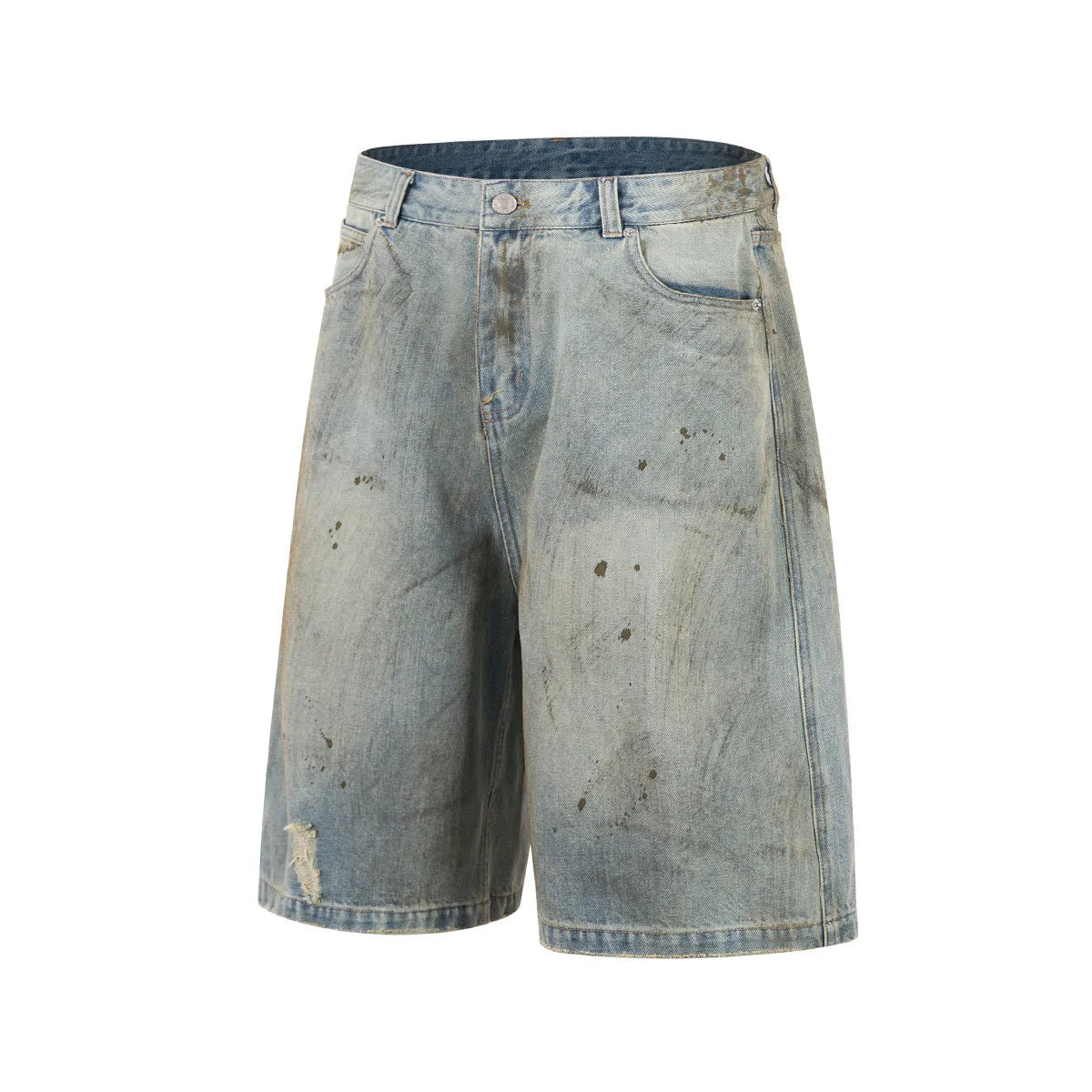 Blue cropped denim trousers with a straight leg and zip fly on a hanger