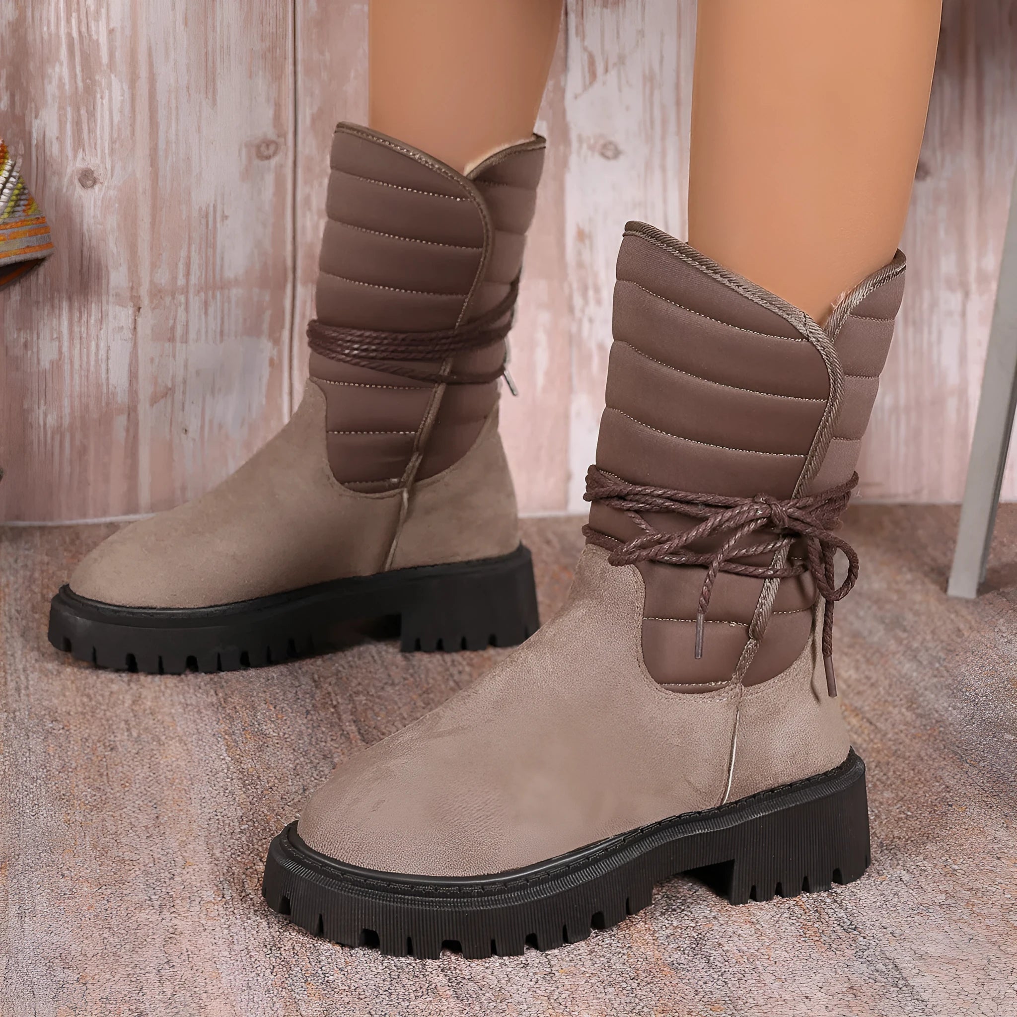 Women's black suede high-top snow boots with chunky rubber sole and lace-up design.