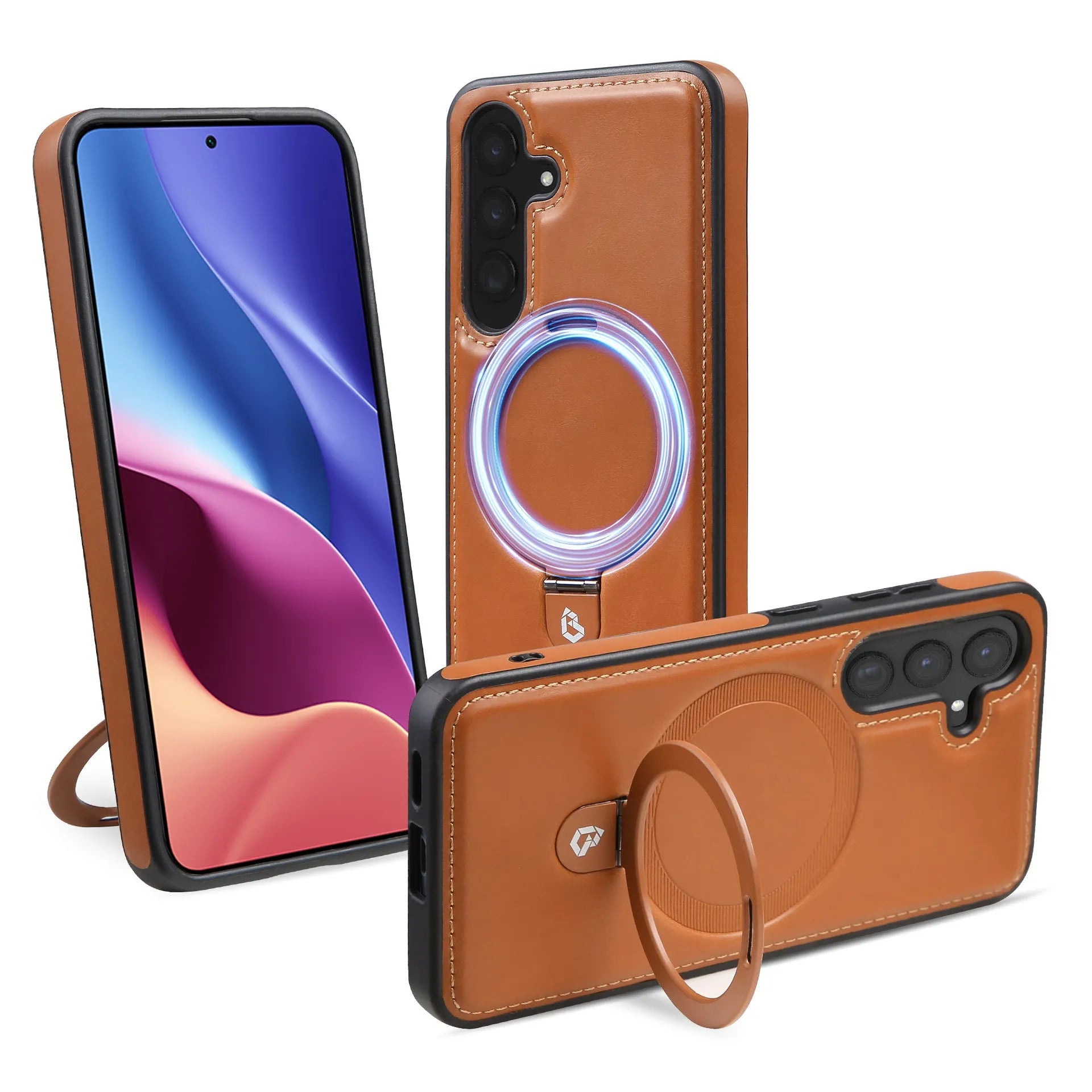 PU leather magnetic ring holder phone case with kickstand in black for Samsung S24