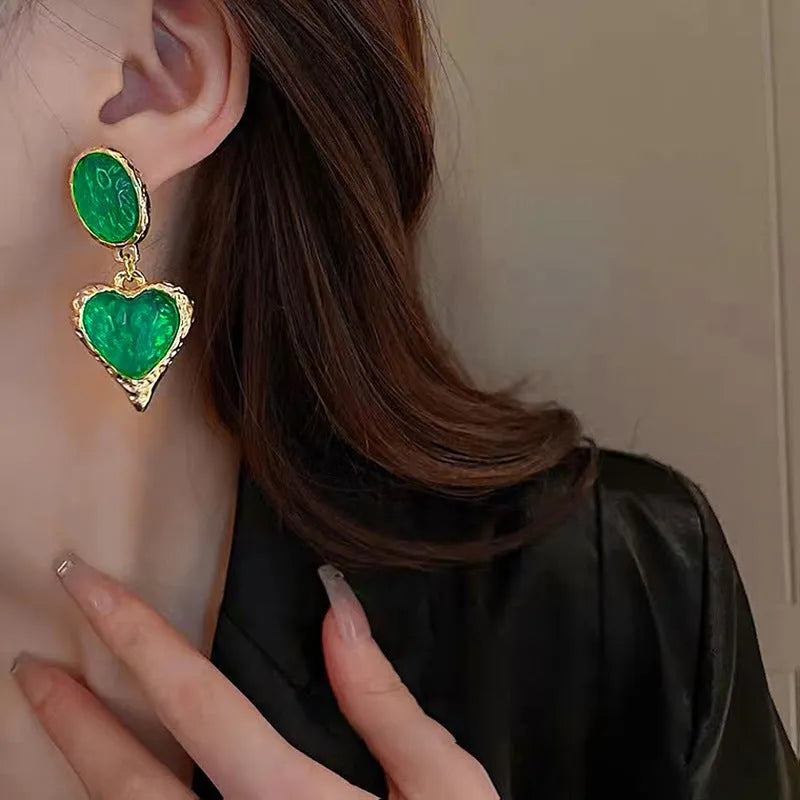 Silver needle pleated oval love heart stud earrings in purple, red, green, yellow and white colour options