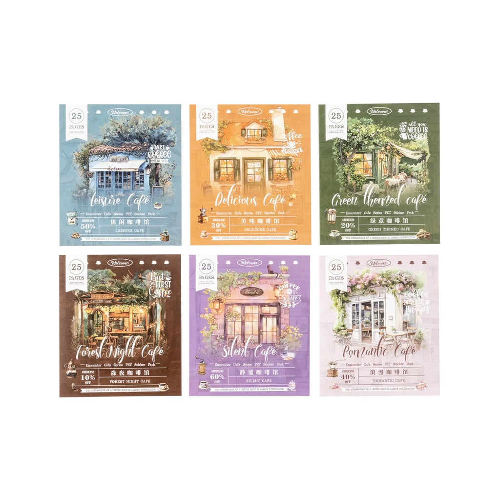 Encounter Cafe Series hand account sticker package with retro cafe designs, 25 or 75 matte paper stickers