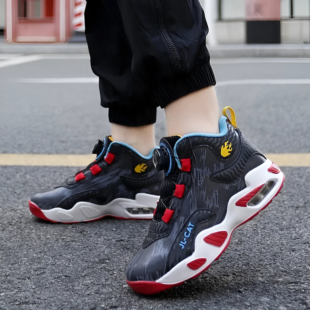 Children's rotating button basketball running shoes in synthetic leather with PU sole
