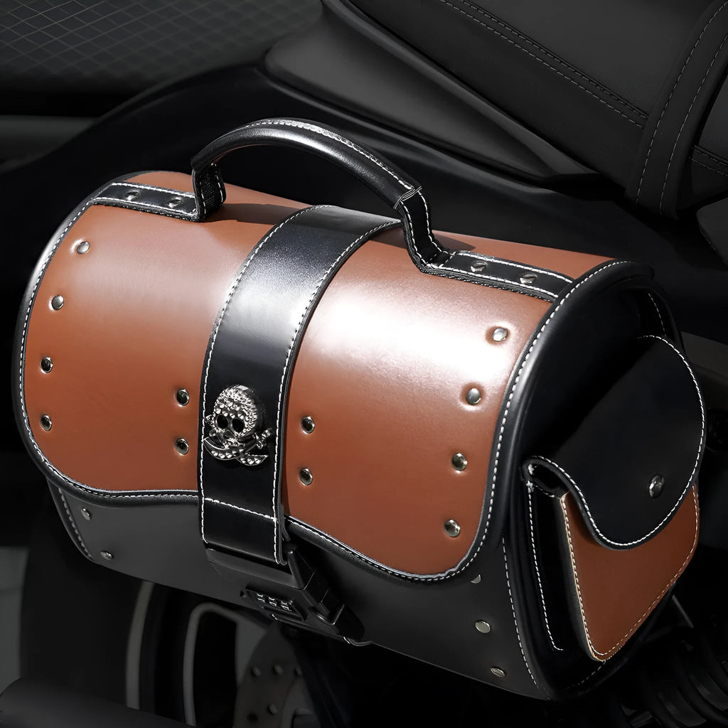 PU leather motorcycle front bag with colour contrast patchwork design mounted on vehicle