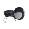 Small round folding charcoal barbecue grill stove with detachable leg and mesh, packed in a carry bag.
