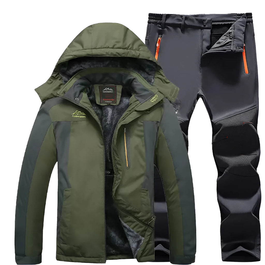 Men's outdoor windproof jacket set with jogging pants in black and army green colour block