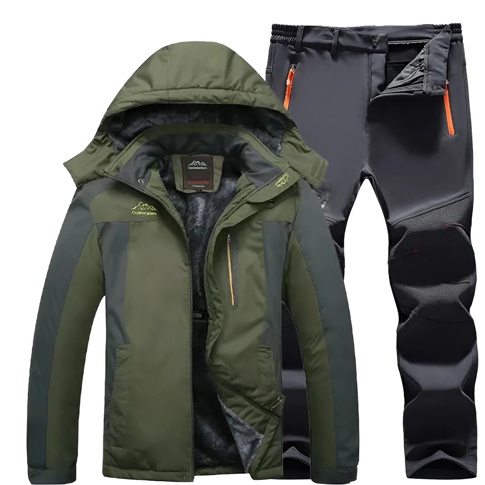Men's outdoor windproof jacket set with jogging pants in black and army green colour block