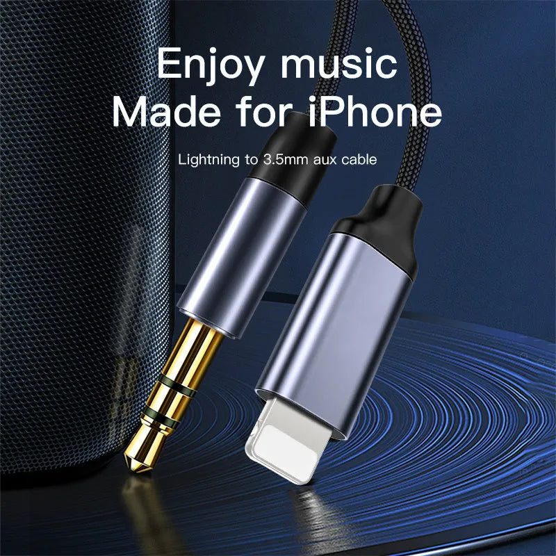 Silver nylon braided audio cable with 3.5mm connectors in three different lengths on a grey background.