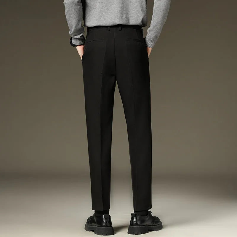 Men's black straight-leg fleece-lined trousers with mid waist and zipper fly, sizes 27-42