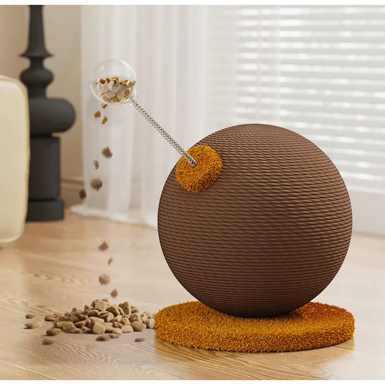 A cat scratch board made of coiled hemp rope with an attached wooden tumbler toy, shown in a simple, natural style.