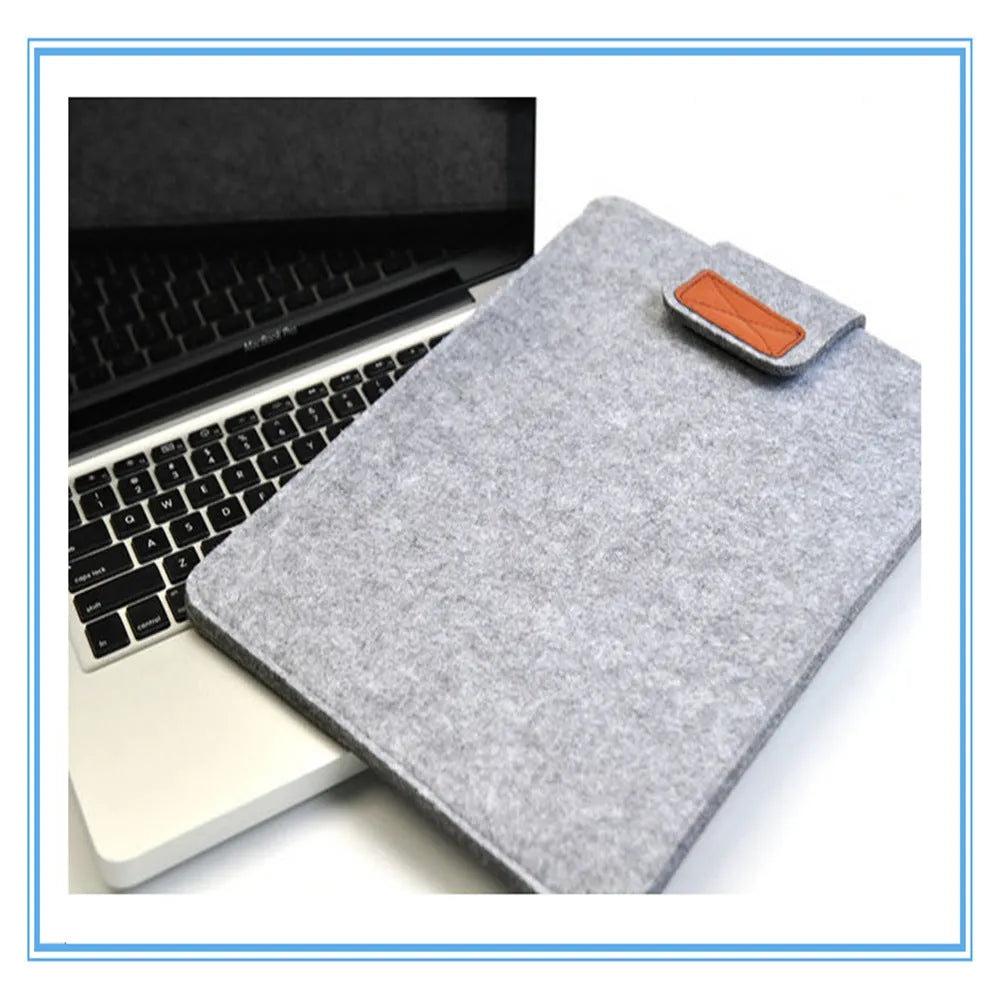 Khaki felt laptop bag showing clamshell design with interior device protection