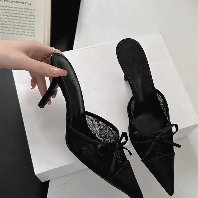 Women's lace pointed toe high heels with bowknot detail in light brown colour