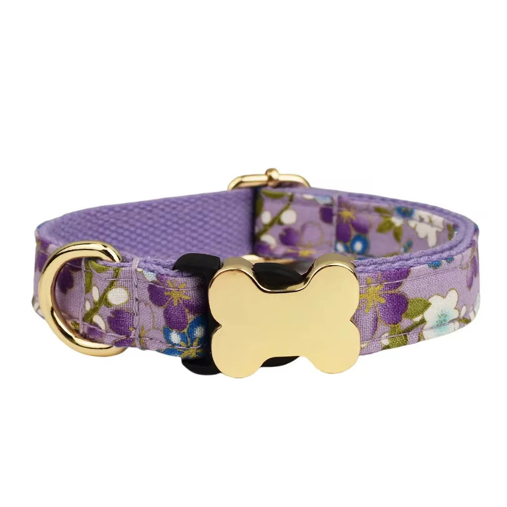 Flat nylon dog collar with printed grid pattern and bone-shaped buckle in multiple colour options.