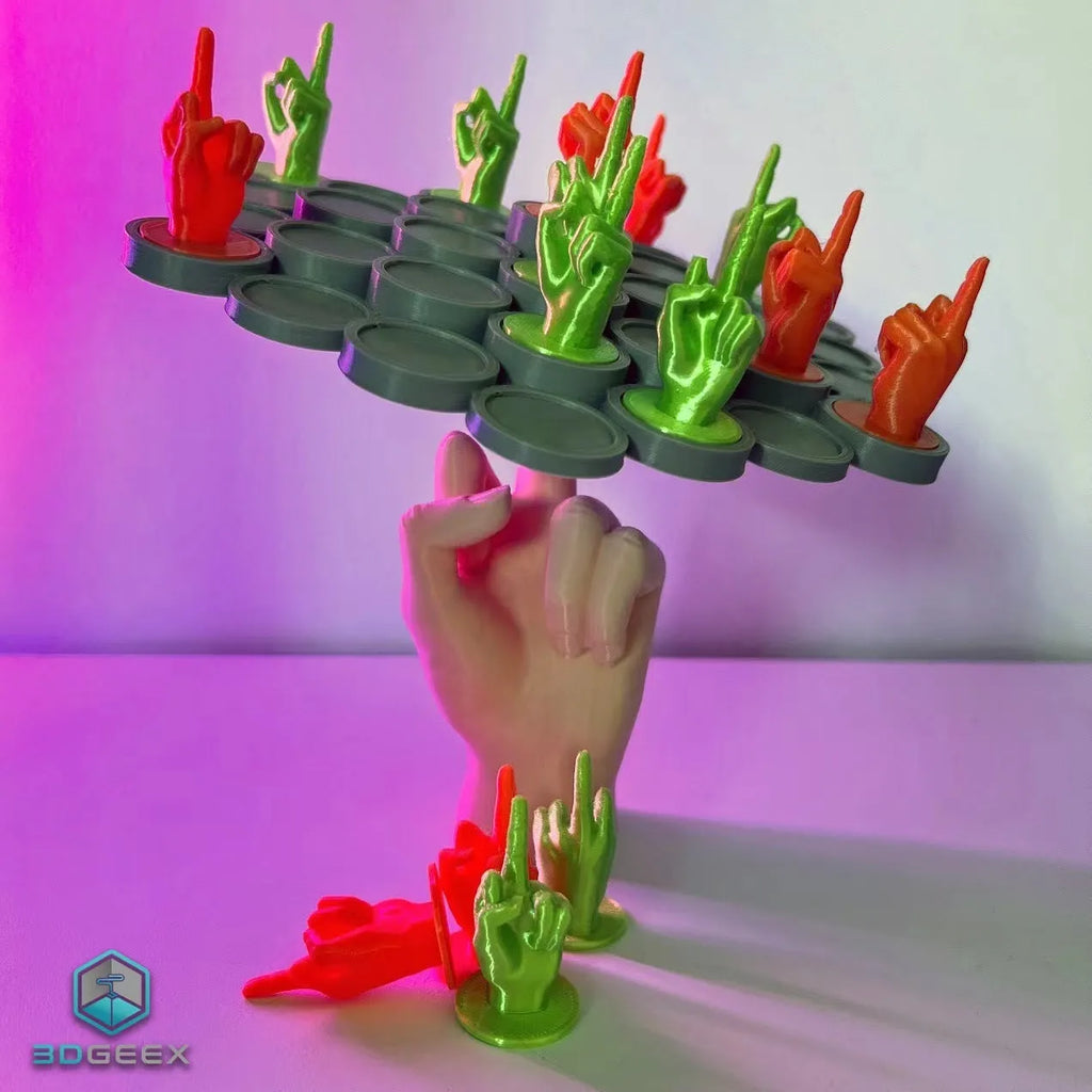 Middle Finger Balance Game with 28 PLA pieces in orange and green, arranged on a base for stacking play