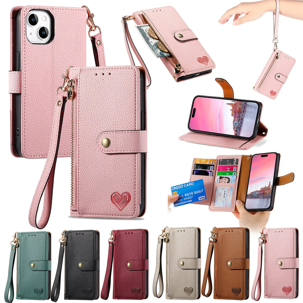PU leather litchi pattern RFID swiping lanyard phone case for Apple iPhone with built-in bracket in pink