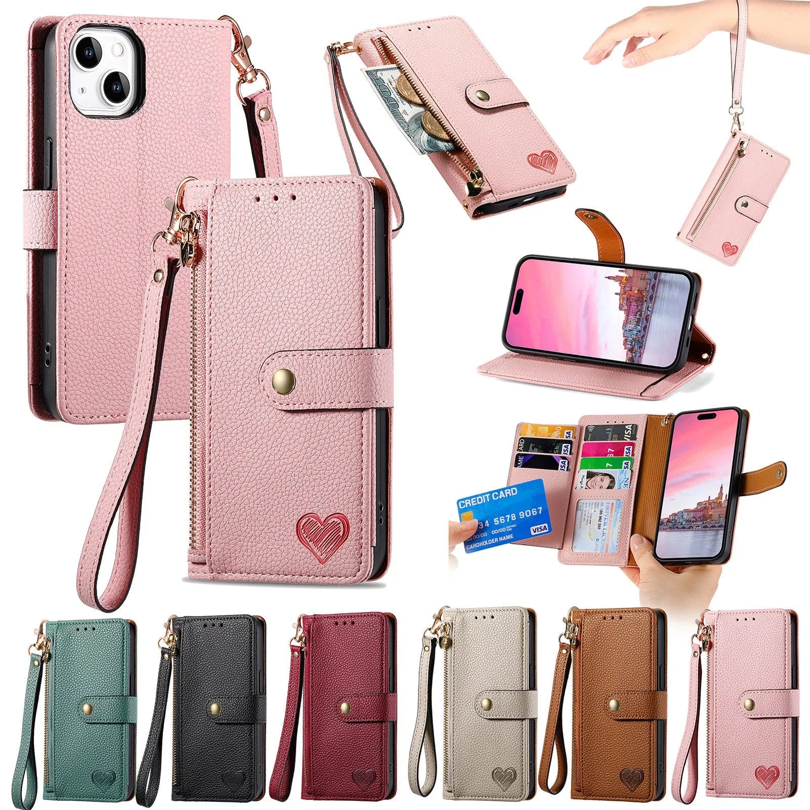 PU leather litchi pattern RFID swiping lanyard phone case for Apple iPhone with built-in bracket in pink