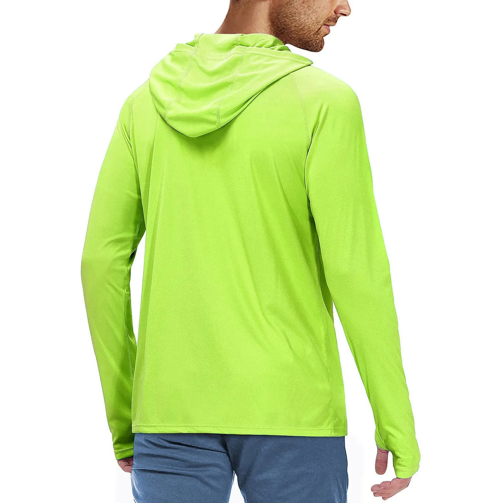 Man wearing a slim-fit hooded sun protection suit in Army Green colour for outdoor fishing or hiking.