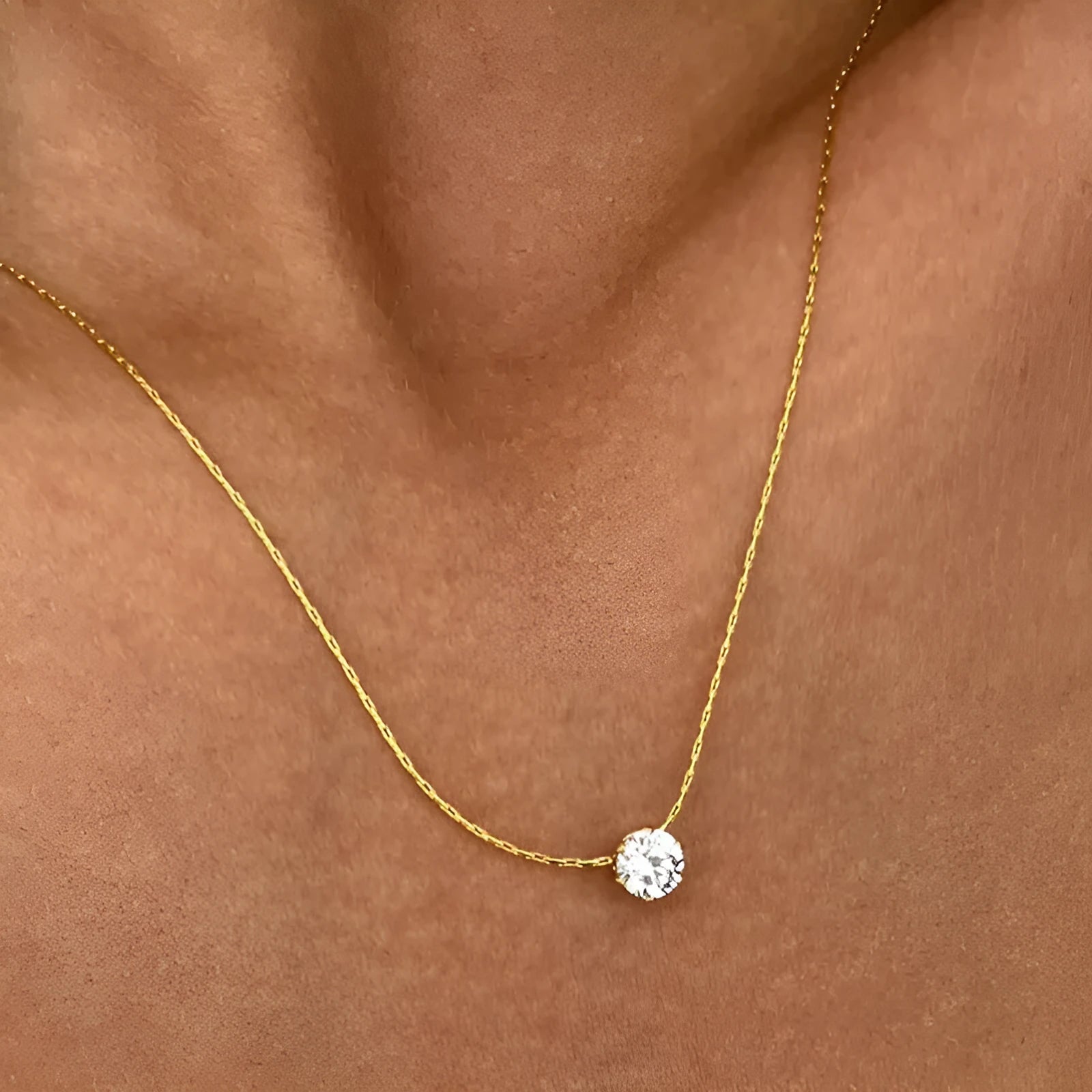 Gold plated 18K titanium steel six-claw round zircon pendant necklace with bamboo chain for women