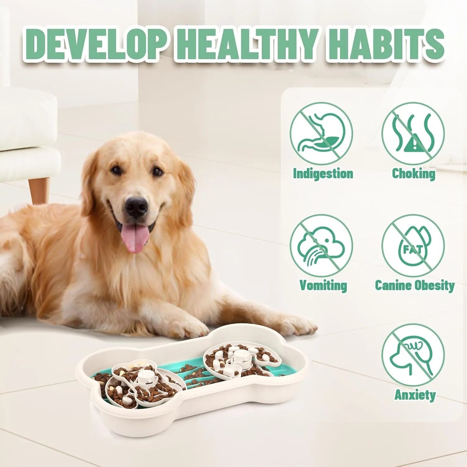 Large green three-tier slow feeder dog bowl with rotating puzzle trays and anti-slip suction cups.
