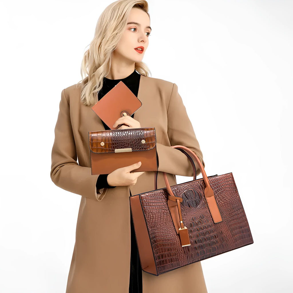 Women's three-piece PU leather handbag set with crocodile pattern in four colour options