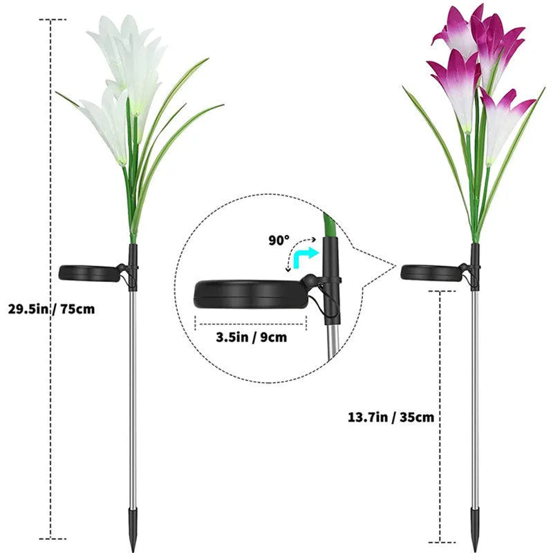 Solar lily flower garden light with purple or red flower head, ground stake, 70cm total height and IP65 waterproof rating