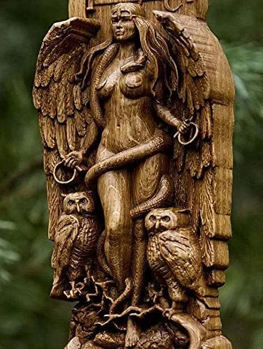 Detailed resin statue of a Greek goddess, 22cm tall, shown in one of three available colour finishes on a wooden surface.