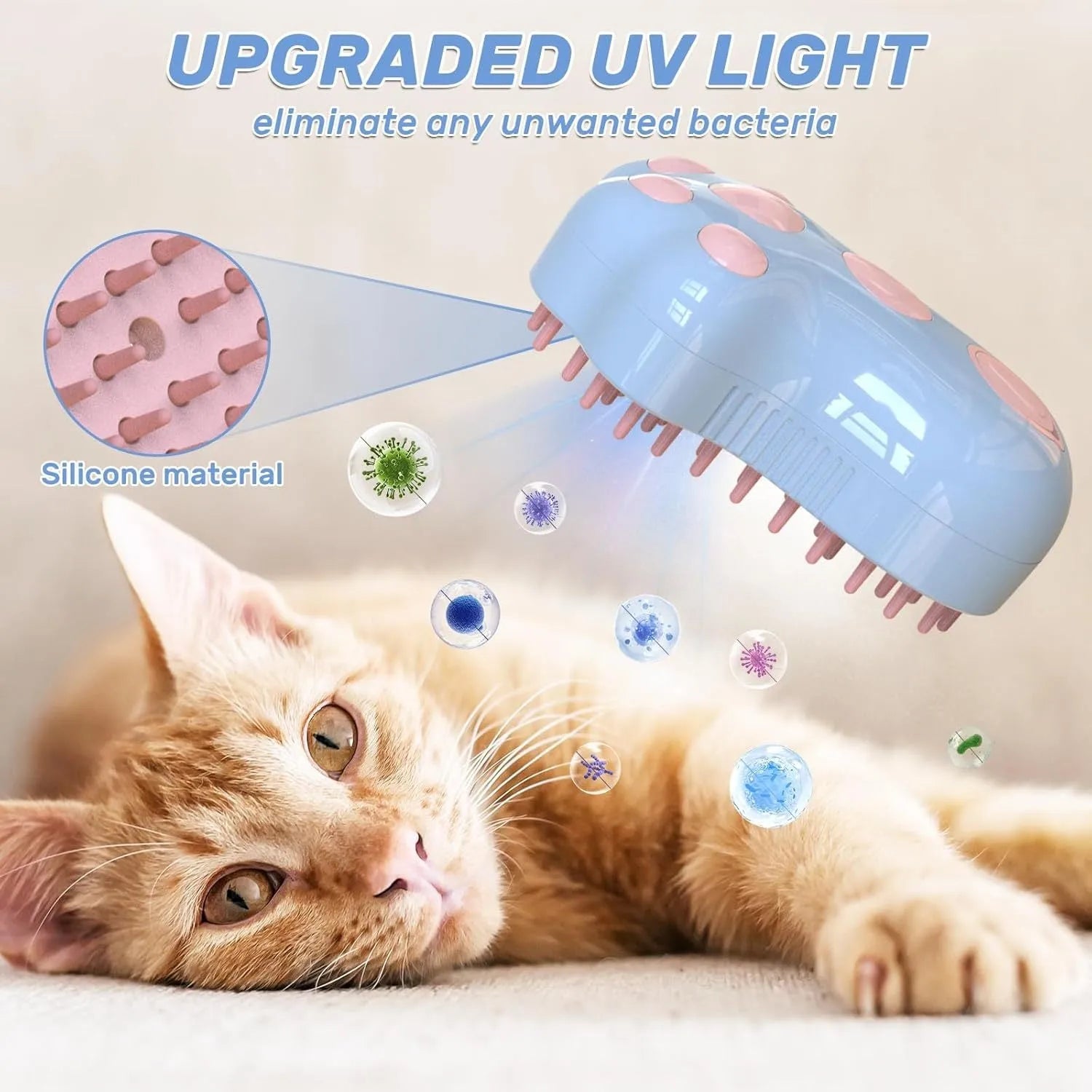 Self-cleaning cat steam brush with blue light, silicone bristles, and rechargeable spray function