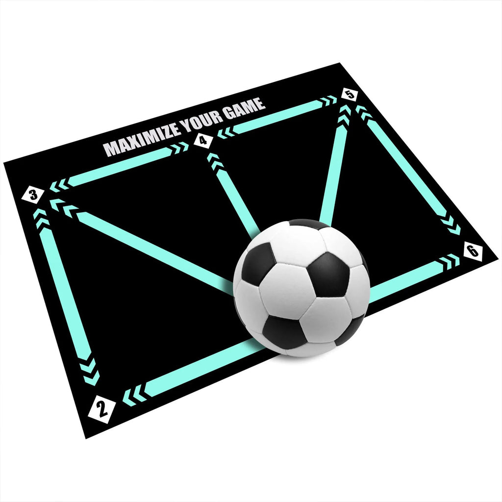 Black rectangular non-slip football training mat measuring 60 by 90 centimetres.