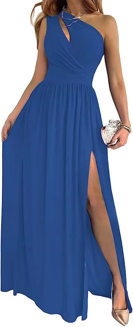 Women's one shoulder cocktail maxi dress in soft fabric with high split and cutout design.