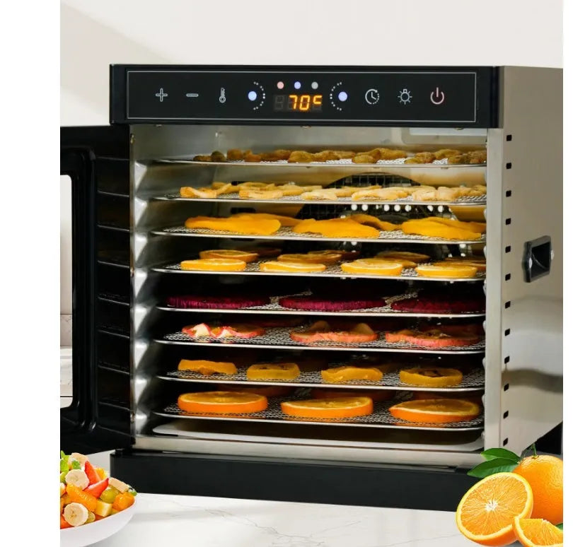 Stainless steel food dehydrator with clear skylight lid and multiple mesh drying trays