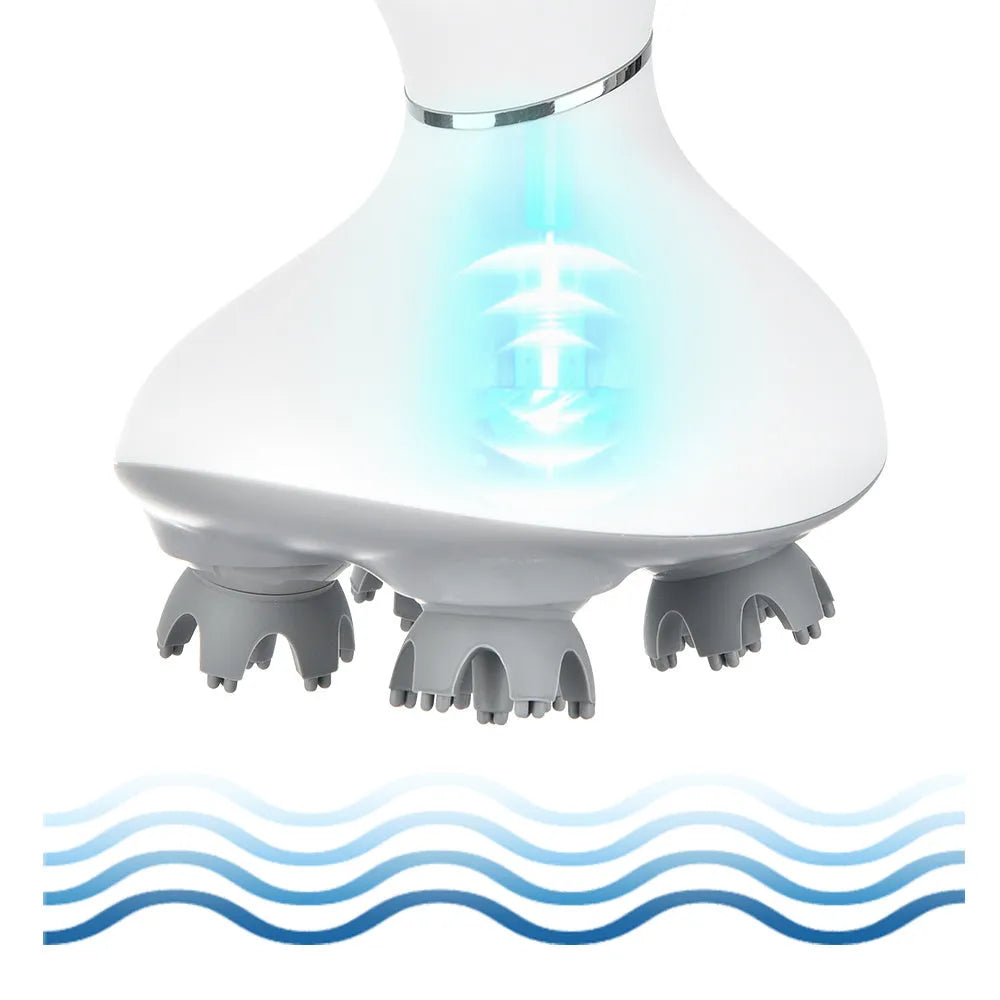 White rechargeable waterproof electric scalp head massager with wireless remote control on a surface