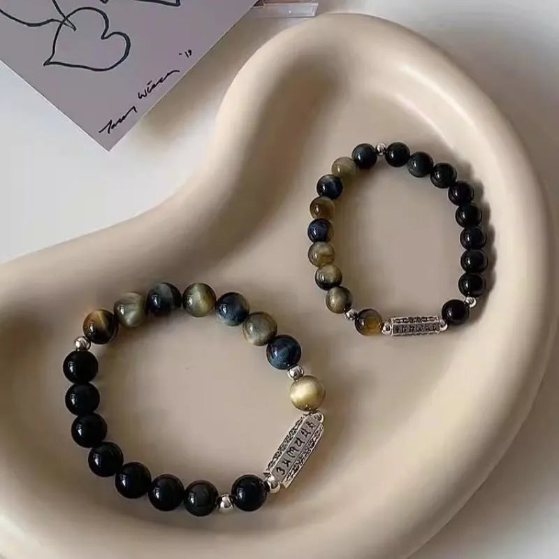 Tigereye Obsidian S925 sterling silver Six Words Mantra couple bracelet with geometric Chinese-style design