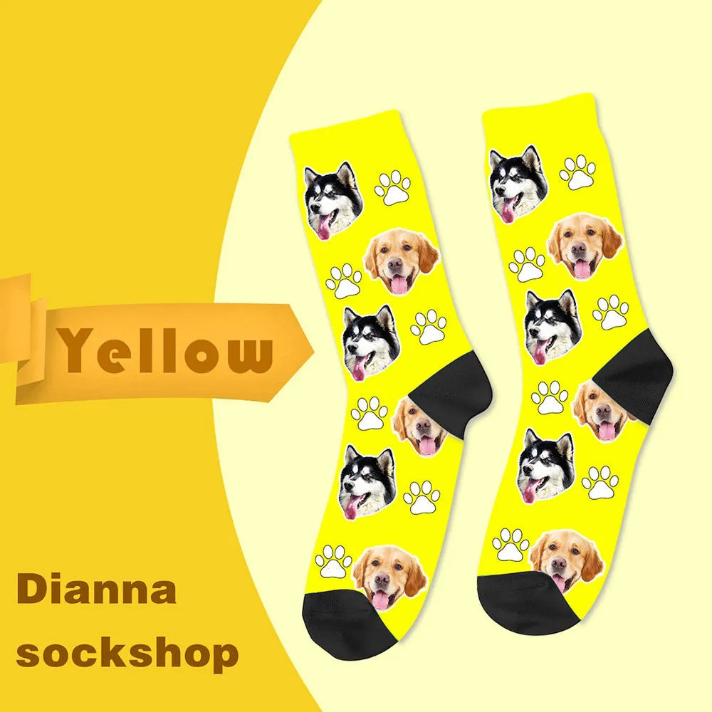 Custom printed mid-calf socks with personalised photo design in blue colour, medium thickness polyester fabric