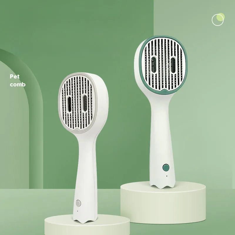 Dark green pet grooming comb with UVC sterilisation light, slicker brush, and needle comb on a grey background.