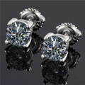 Silver geometric four claw moissanite screw-back stud earrings for women, shown with certificate.