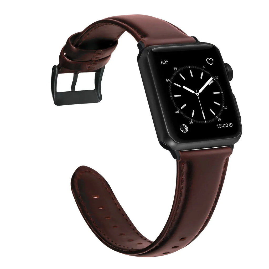 Top layer cowhide leather watch strap for Apple Watch 38-40mm and 42-44mm in oil wax finish, black colour option